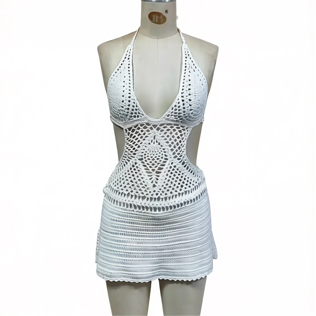 Sexy Cut-Out-Neckholder-Strick-Tunika mit offenem Rücken, Strand-Cover-up, Strandkleid, Strandmode, Damen V8295 – Detail 6