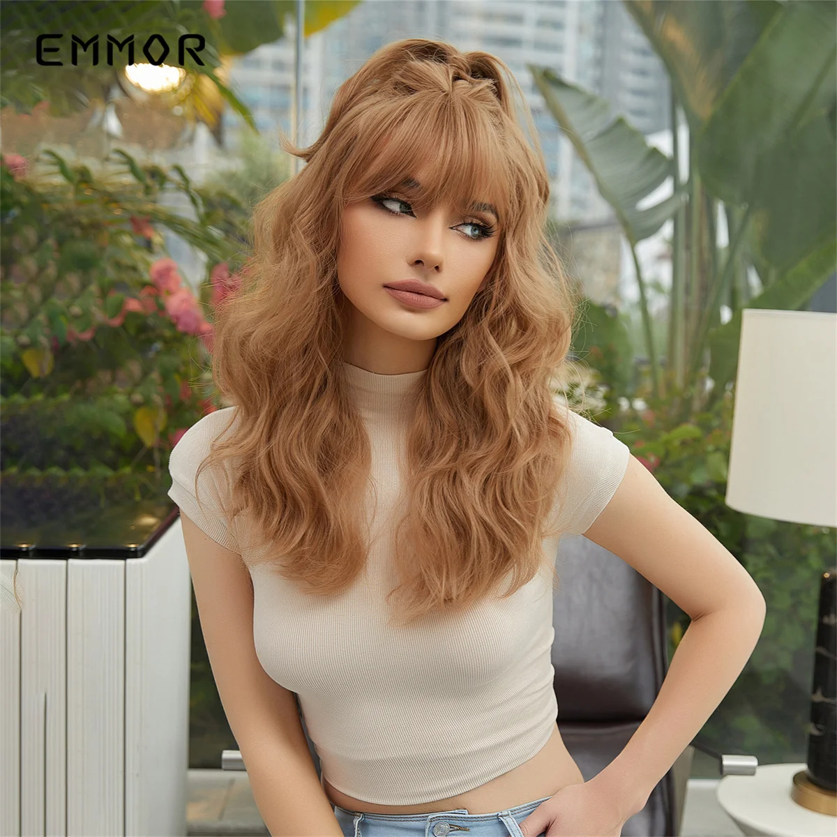 EMMOR Synthetic Light Brown Natural Medium Long Wavy Hair Wig with Bangs for Women Heat Resistant Daily Cosplay Party Wigs