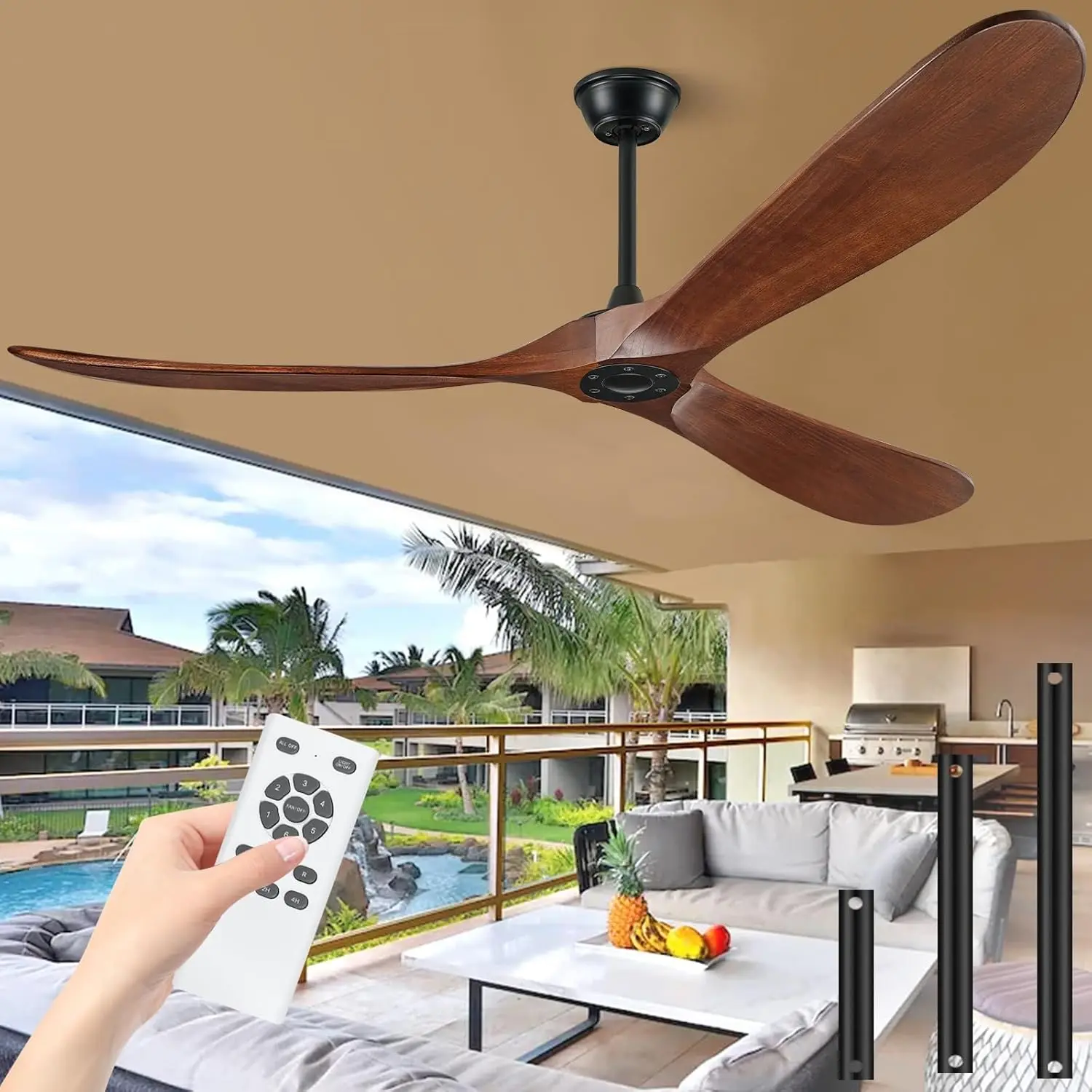 72 inch Ceiling Fan no Light, High Quiet 3 Blade Wood Walnut Ceiling Fan