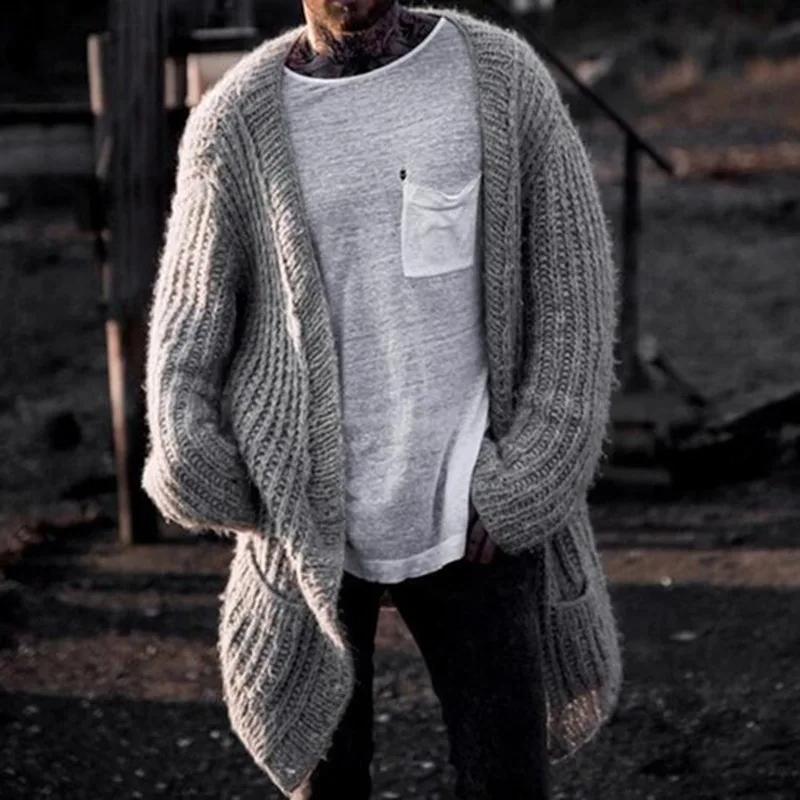 Autumn Winter Men's Cardigan Sweater Long Sleeve Loose Streetwear Knitted Mid Length Coat Men Clothes Sweatercoat Solid Jacket