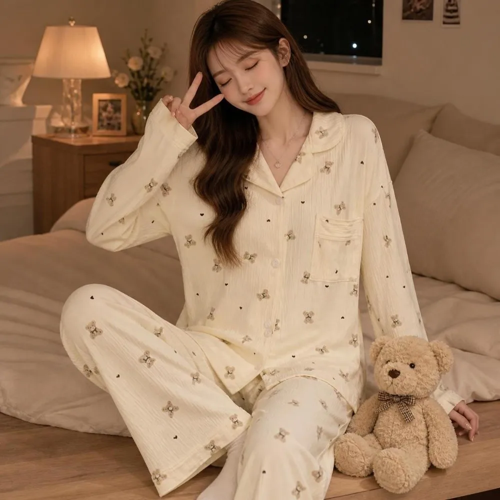 Süßes Leoparden-Pyjama-Set mit Schleife und Bärchen, Damen-Loungewear mit Kirsch- und Blumenmuster, Nachtwäsche-Anzug für Damen – Detail 7
