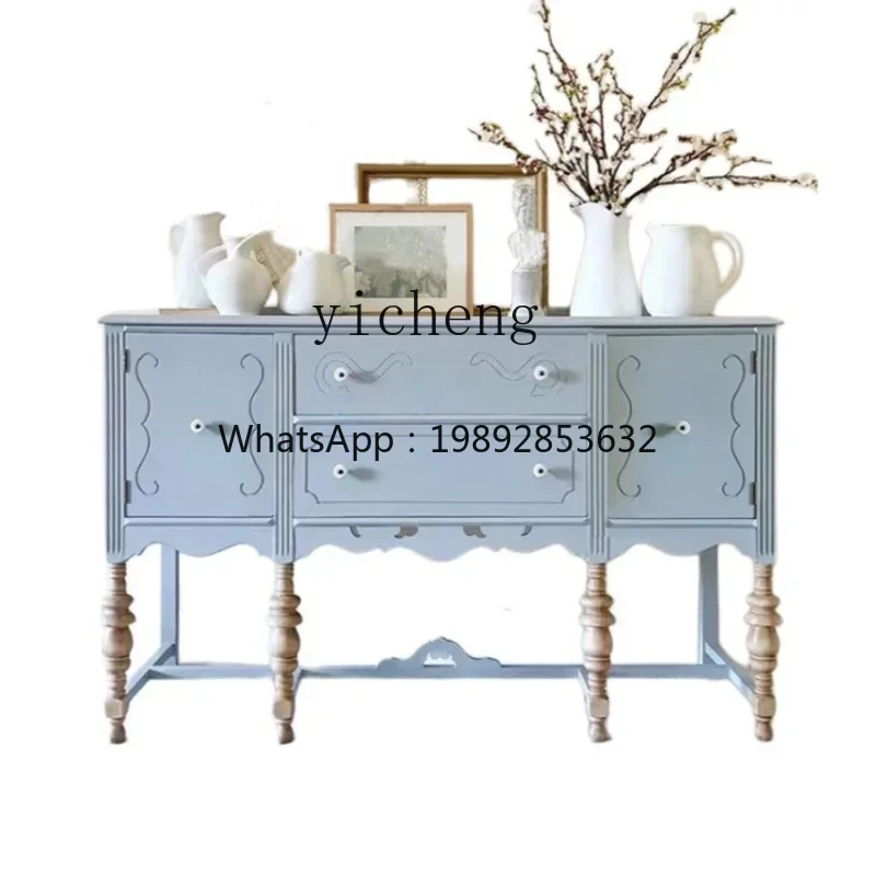 

Solid Wood Entrance Cabinet Vintage Blue Locker Home Wall Decoration Carved Sideboard Cabinet