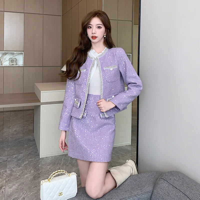 Purple women's coarse tweed 2-pcs set jacket+skirt 2024 new autumn and winter small fragrance style sequin set