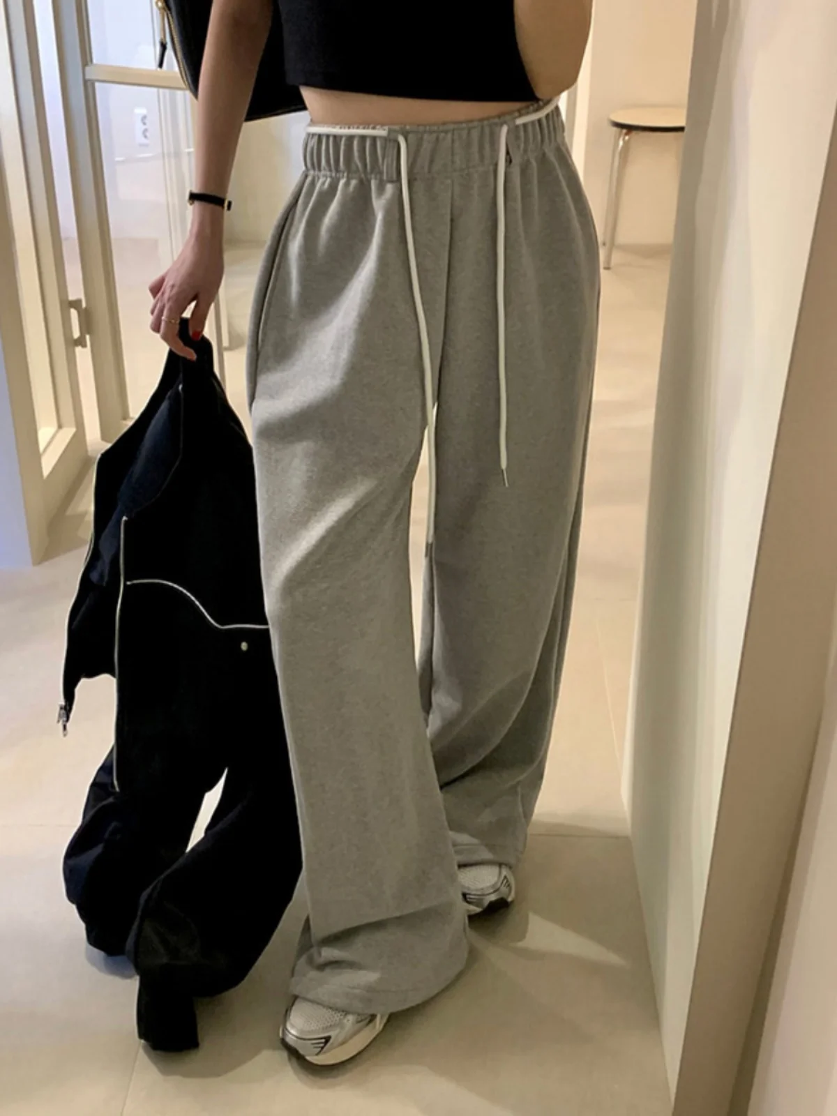 

High Waist Loose Wide Leg Pants Women's Casual Sweatpants Pure Color Elastic Dstring Korean Sle Commute Faion