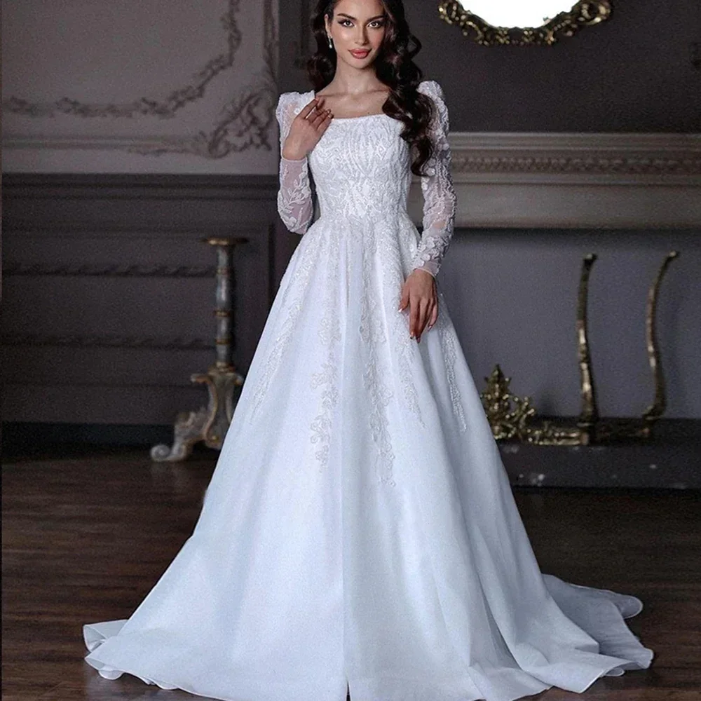 Elegante abito da sposa bianco a-line con applicazioni di perline Abito da sposa sexy con scollo quadrato a maniche lunghe e maniche lunghe Abiti da sposa personalizzati