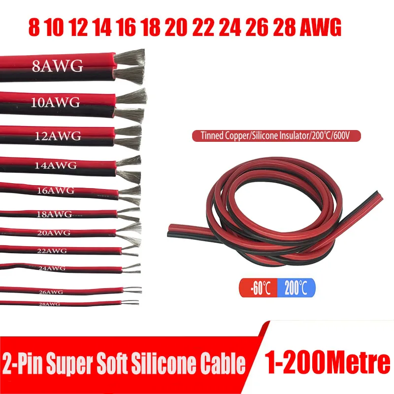 2 Pins Super Soft Black Red Silicone Cable For Automotive LED Lights High Temperature Copper Wire 28 26 24 22 20 18 16 14 12awg