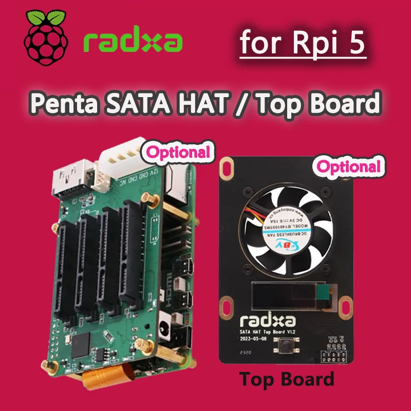 Penta SATA HAT / Top-Board / Set optional, für Raspberry Pi 5 – bis zu 5x SATA-Festplatten HAT