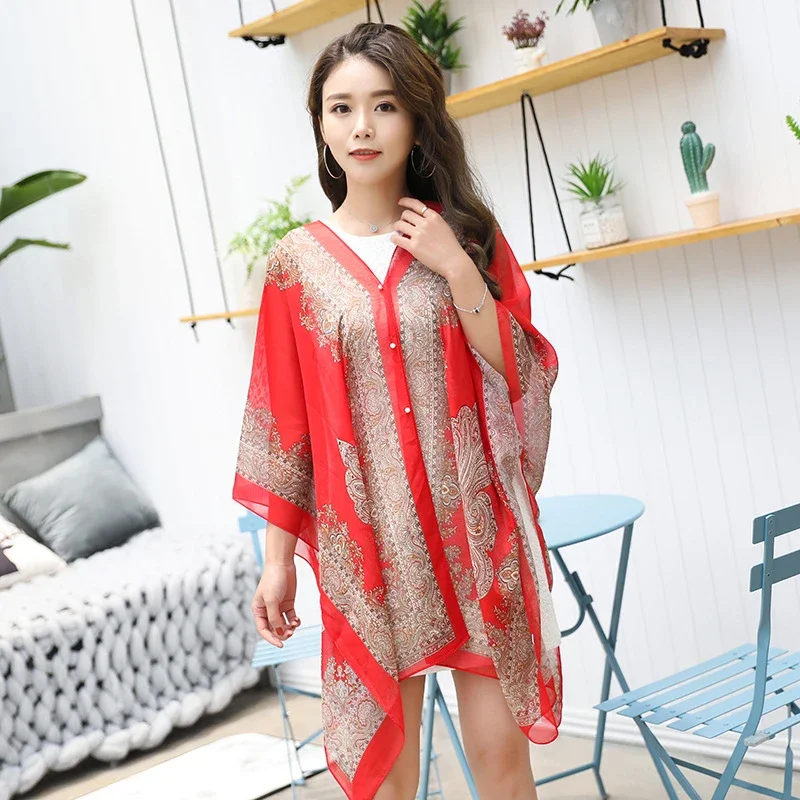 Women Bikini Cover Up Beach Dress Blouses Sun Protection Chiffon Cardigan Summer Holiday Shawl Ridding Large Size Long Tops