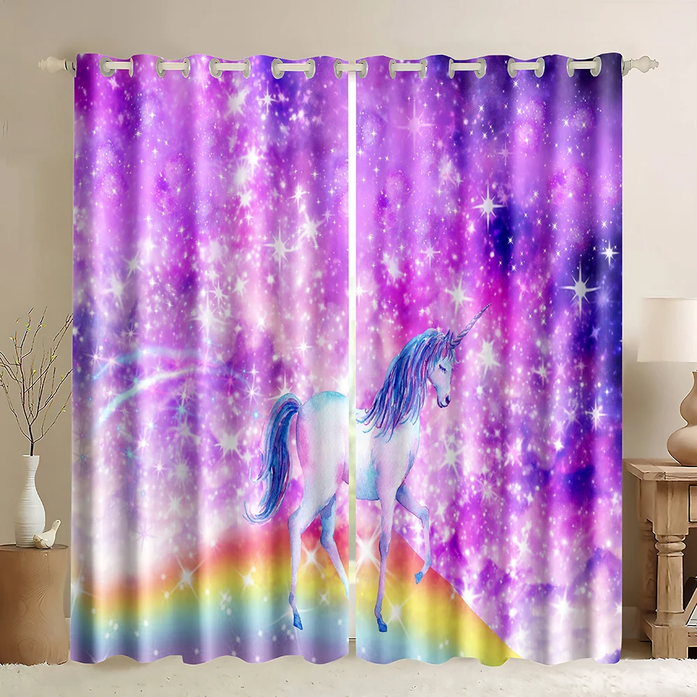 

Unicorn Blackout Curtain Rainbow Rod Pocket Window Curtains Unicorn Bedroom Décor for Girls Kids Room Darkening Window Treatment