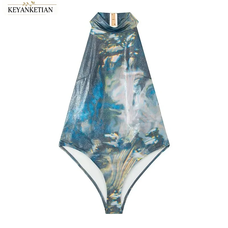 KEYANKETIAN 2026 Y2K Women Halter Bodysuit Cowl Neck Back Zip Abstract Printed Shiny Fabric High Cut Sleeveless Jumpsuit Top