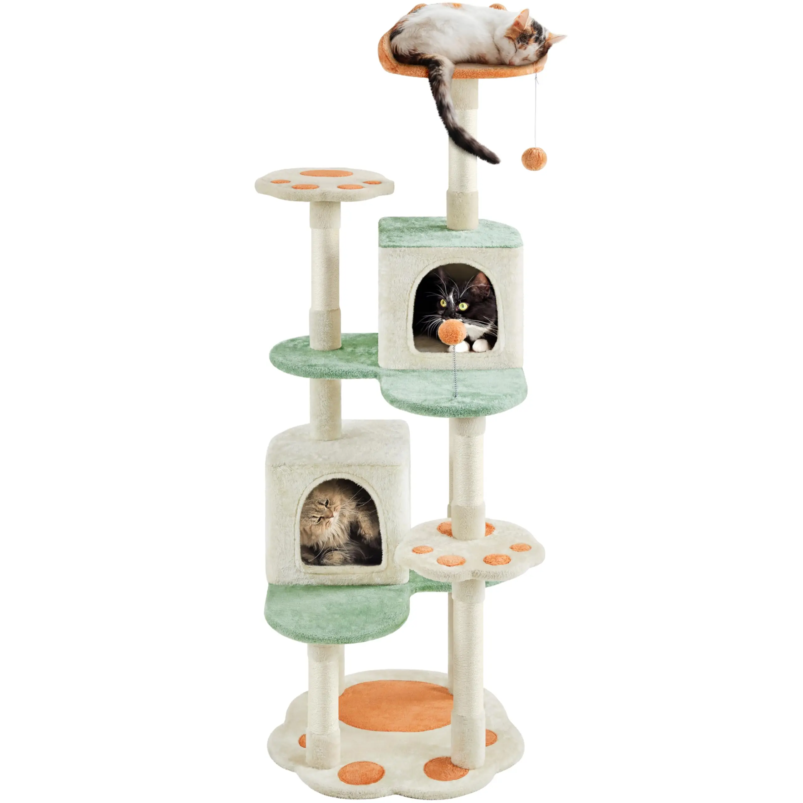 65in Cat Tree, Cat Tower with Heart-Shaped Platform, Hanging Ball, Double Condos, Scratching Posts for Indoor Cats, Cat