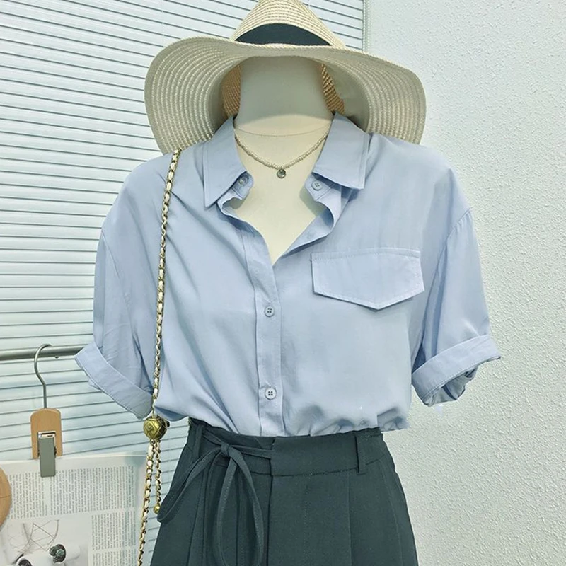 

Women Summer Single Button Solid Short Sleeve Shirts Korean Lady Casual Polo Blouse 2024 New Graceful Blue Tops Female