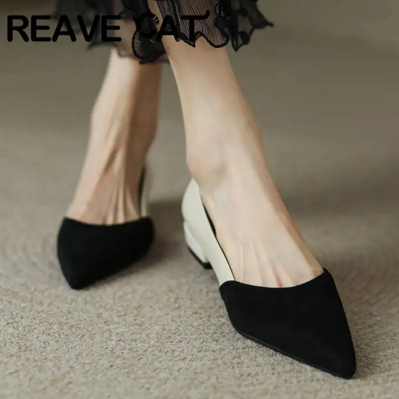 

REAVE CAT Brand Shoe For Women Pointed Toe Slip On Flock Splice Shallow Mixed Color Soft Leisure Daily Flats Large Size 41 42 43