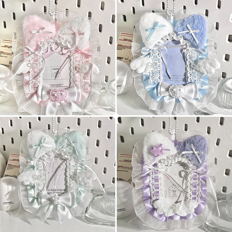 Handgemachter PVC Kartenhalter flauschige Katzenohren Spitzen Schleife, 3-Zoll Slot für Idol Fotokarte Anime Sofortbild, Lolita-Stil Schutzhülle Sammelkarten