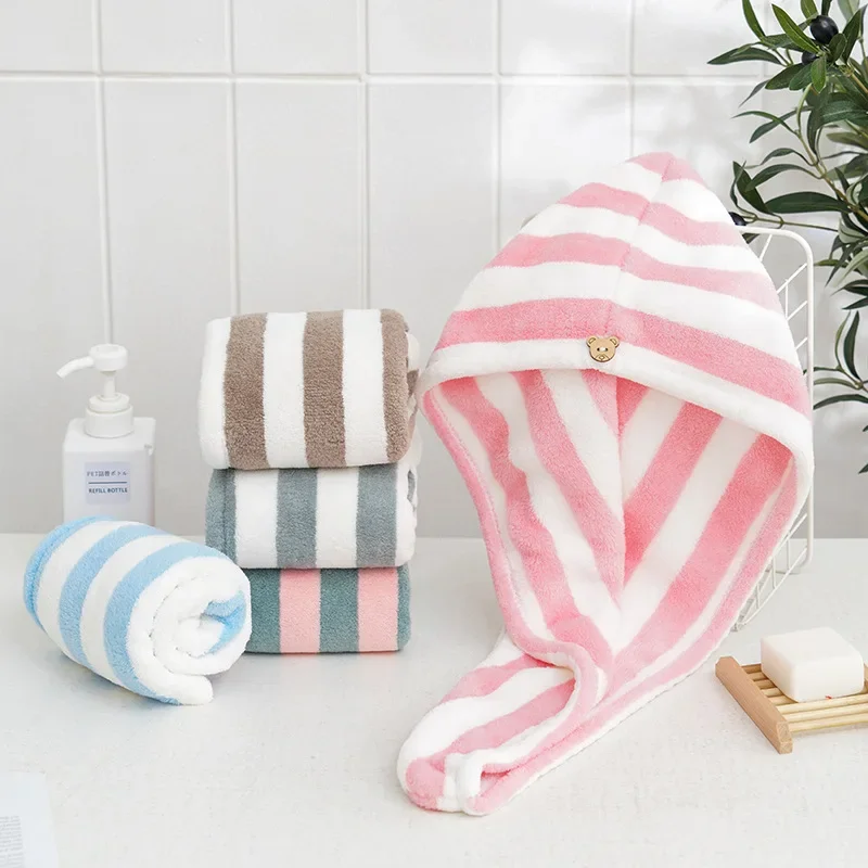 

Microfiber Hair Towel Wrap Thickened Coral Velvet Cationic Dry Hair Cap Water Absorption and Quick Drying Striped Bath Cap