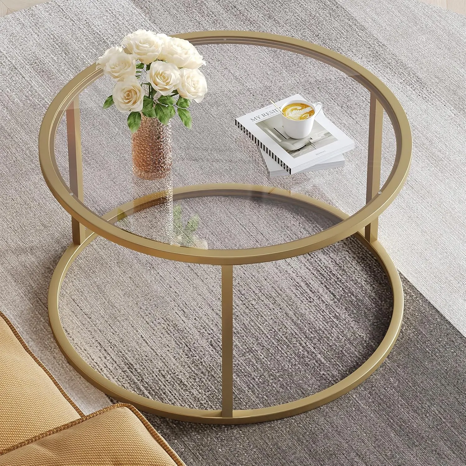 

SAYGOER Small Glass Coffee Table Round Gold Coffee Table for Small Space Modern Simple Center Table with Gold Frame for Living