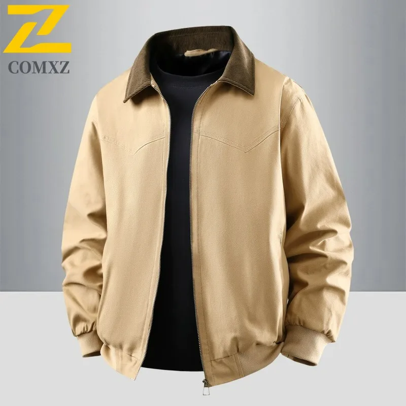 

COMXZ 2025 Men Jacket Spring Autumn Casual Washed Cotton Stand Collar Loose Fit Big Size Coat Fashion Outerwear