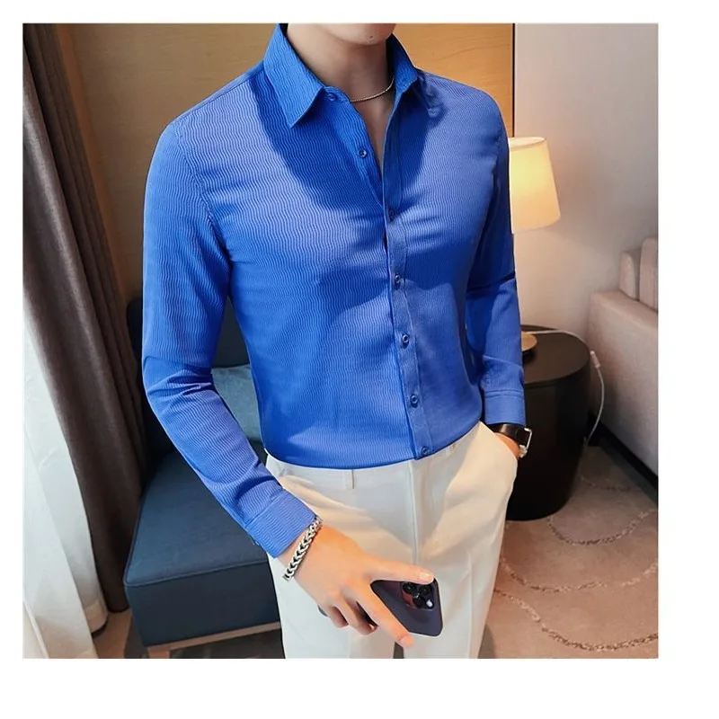 Men's Clothing Spring and Autumn high quality Wave Pattern Design Slim-fit Handsome Casual Klein Blue Long-sleeved Shirt