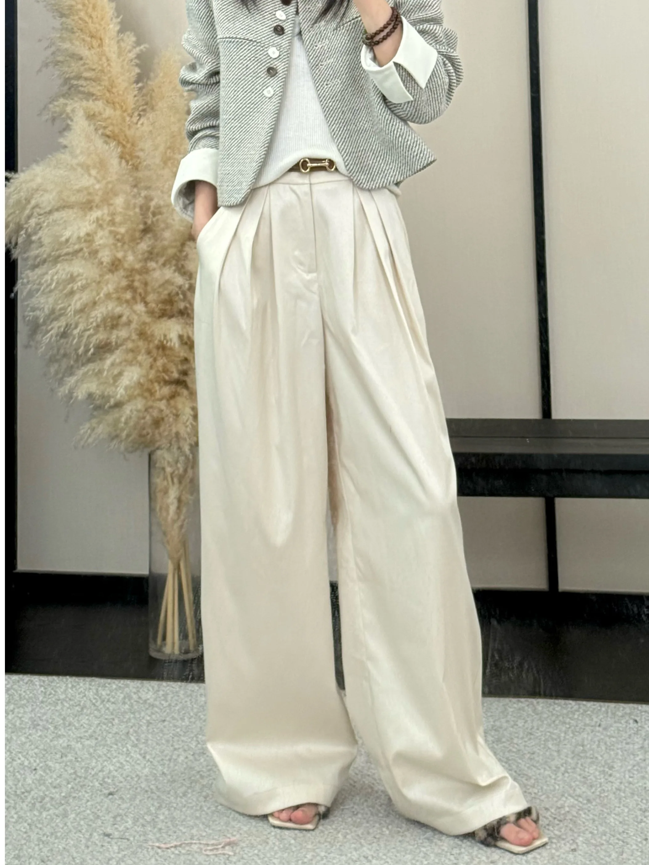 

Брюки Linziqiu с высокой талией, широкими штанинами, драпировкой, длиной в пол, с 3D-плиссировкой, повседневные, в корейском стиле, из полиэстеровой смеси