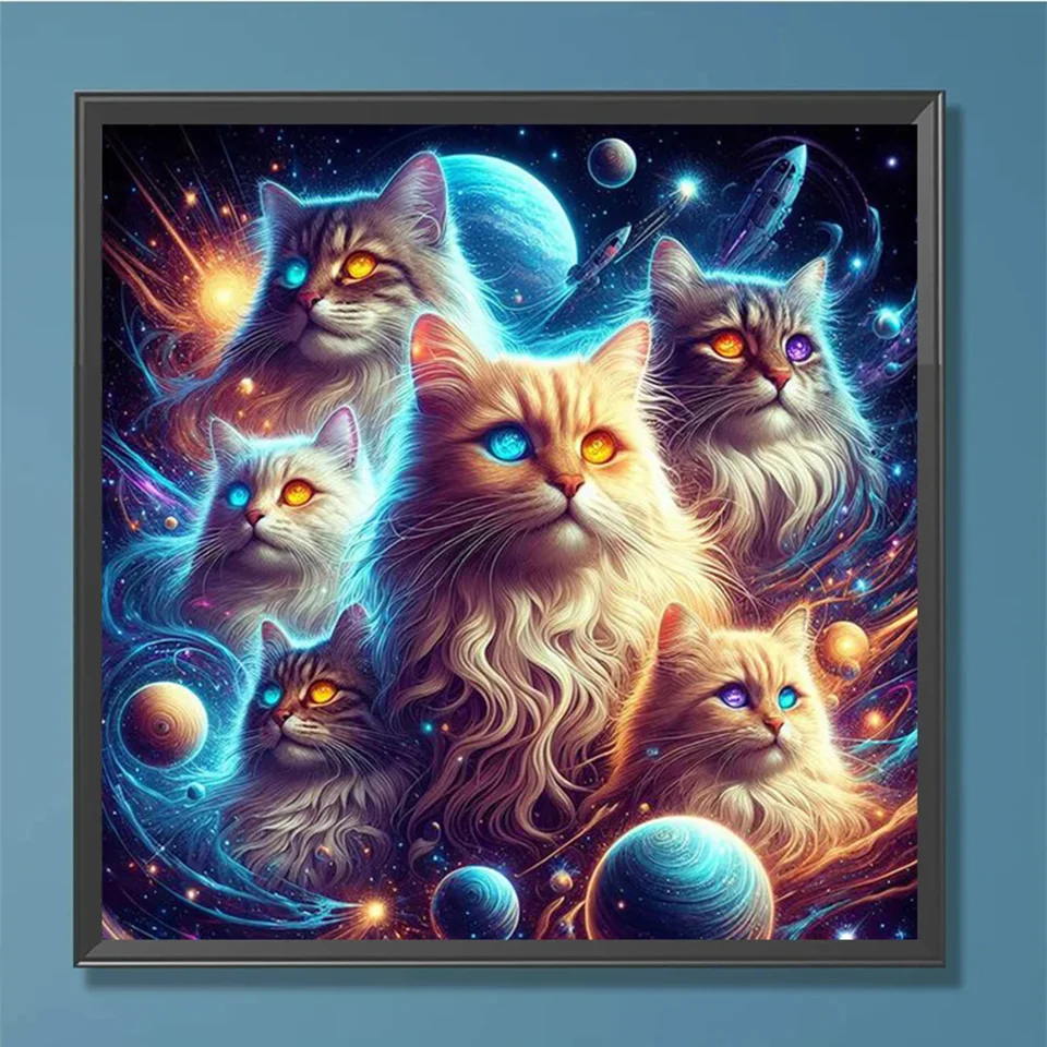 Exquisite 3D Animal Space Cats Diy Diamond Hanging Picture Kit Art Decoration for Family Bedroom and Living Room Perfect Gift