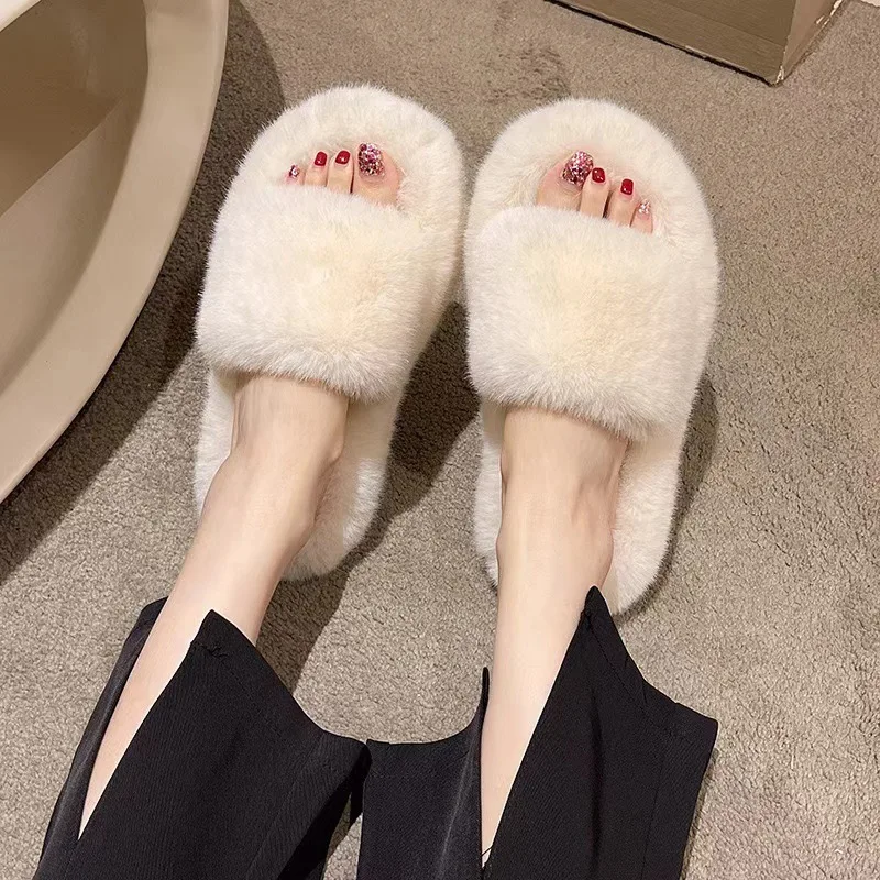 

High end hairy slippers for women wearing spring and autumn 2025 new home Korean version shoes cotton slippers