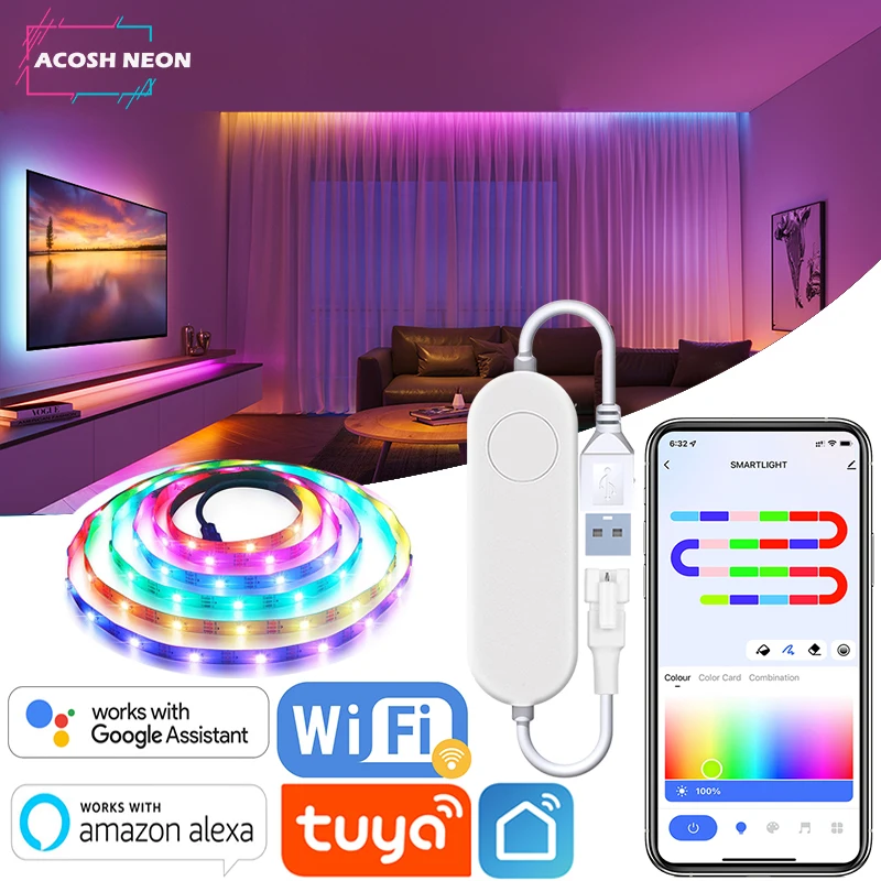 Taśma LED USB TUYA, inteligentna, wi-fi, RGBIC, dream color, 5V, WS2812B, adresowalna, lampa, obsługa Alexa, Google, dla domu