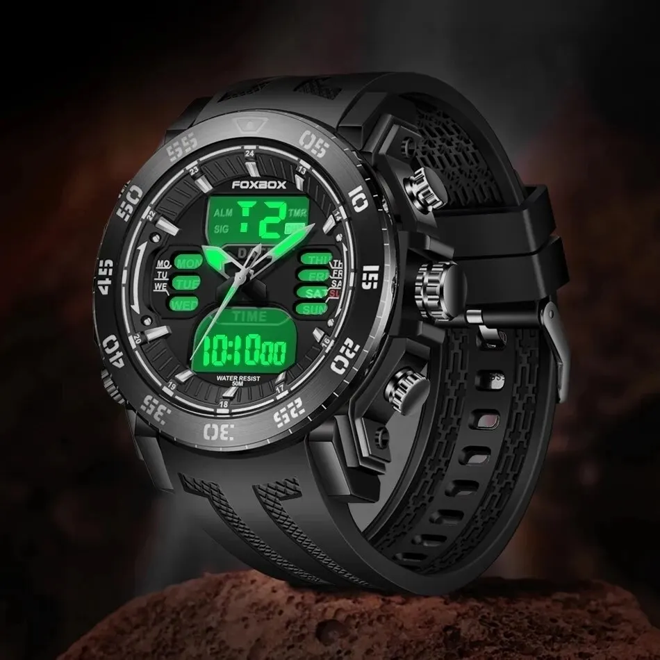 FOXBOX Digital Men Military Watch 50m Waterproof Wristwatch LED Quartz Clock Sport Watch Male Big Watch Men Relogios Masculino