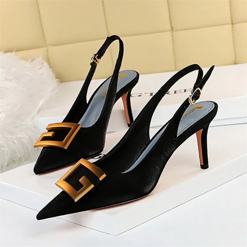 Metal Square Buckle Thin Heel Party Shoes Black Green White Woman Pointed Toe Hollow Back Strap Pumps Middle Heel Sandals