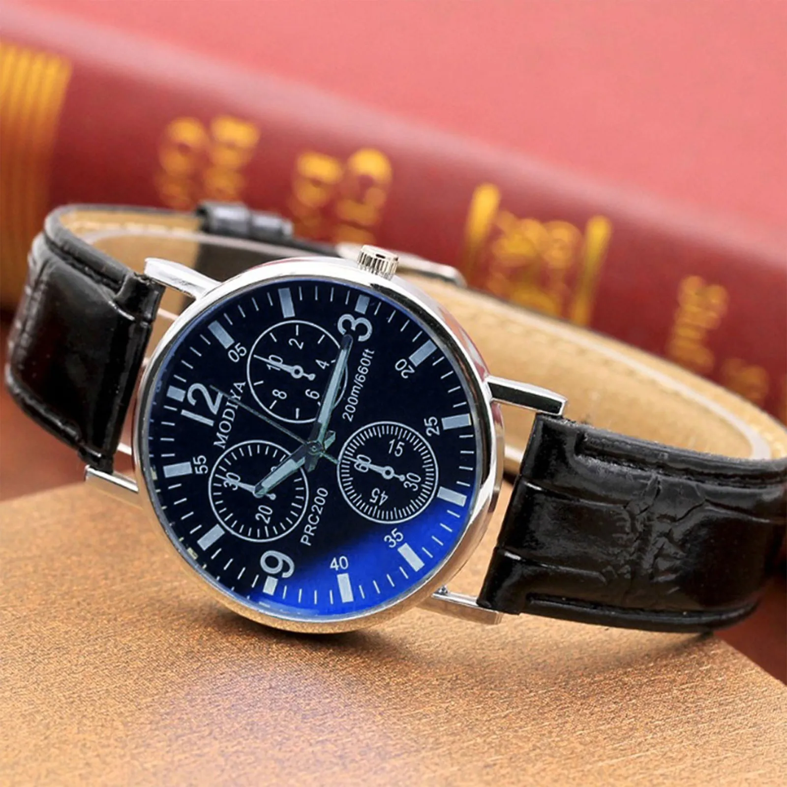 

Men'S Concise Watch Six Pin Quartz Men'S Watch Leather Belt Blue Glass Business Wrist Watch Fashion Leather Strap