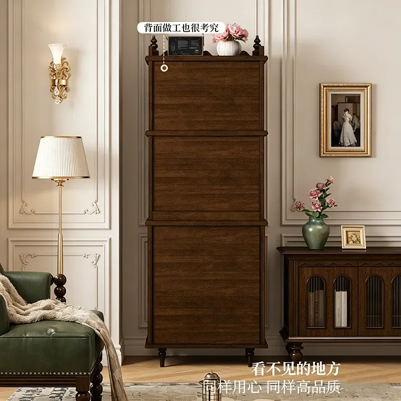 American Solid Wood Side Cabinet Retro Rural Tea Storage Locker Small Apartment Household Old Money Style Dining Cupboard