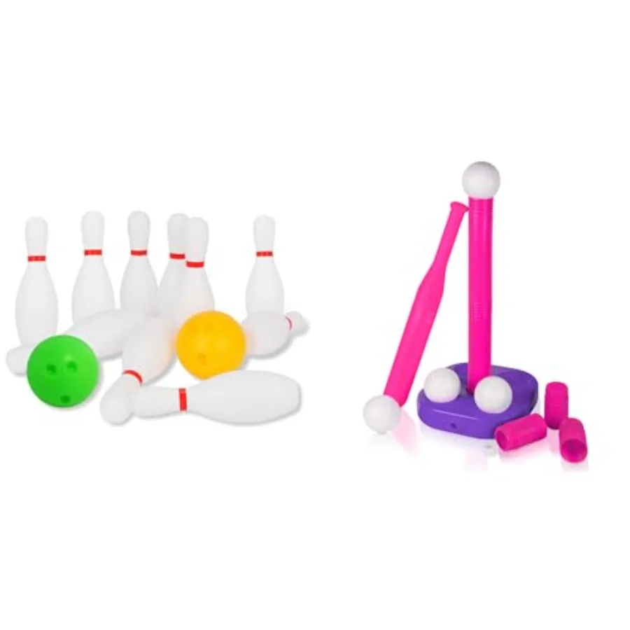 

Toddler bowling and T-ball set for 2-4 year old boys and girls, plastic and wood materials, multicolor, lightweight and safe de
