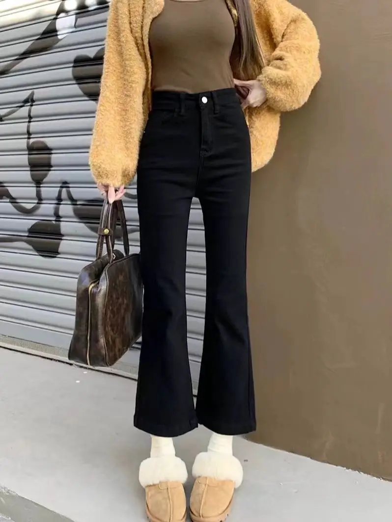 

Denim Trousers All Season Women Solid Button Fly Pocket Loungewear Slim Fit Ladies Flare Pants Streetwear Simple Versatile Pants