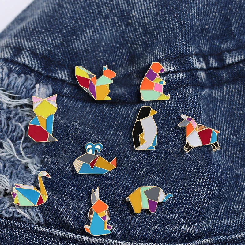 

Colorful Origami Splicing Brooch Rabbit Elephant Whale Penguin Crane Bear Enamel Pins Bag Clothes Metal Lapel Pin Badges Jewelry