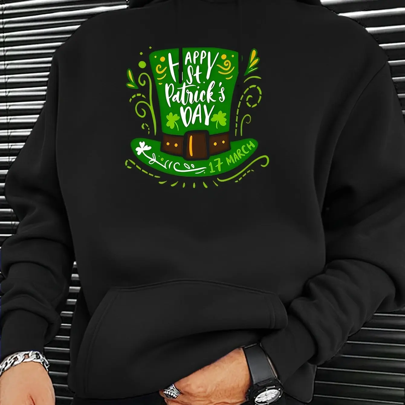 

​ ​ Толстовка с капюшоном St Patricks Day, черно-зеленый принт, уличная одежда, пуловер большого размера, цилиндр с карманом кенгуру в стиле клевера