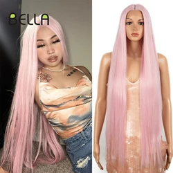 Bella-Peluca de encaje sintético para mujer, pelo liso superlargo de 38 pulgadas, parte en T, rosa, Rubio, marrón, Cosplay