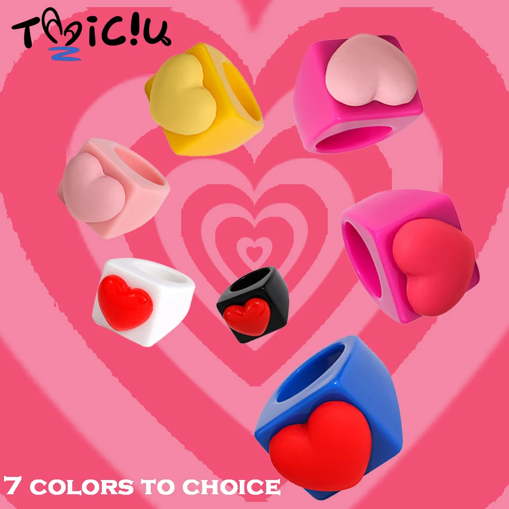 TAAICIU Resin Heart Ring Y2K Trendy Girl Baby Pink Ring Colorful Love Heart Acrylic Thick Finger Ring Fashion Jewelry