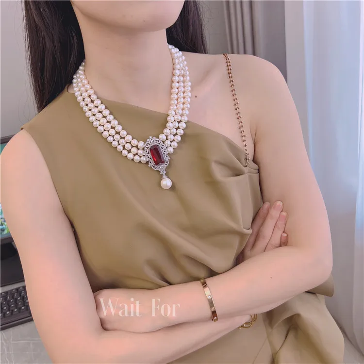 19\'\' 3 Rows 8-9mm Cultured Natural White Pearl  Silver Plated  Zircon Necklace And Bracelet  Set