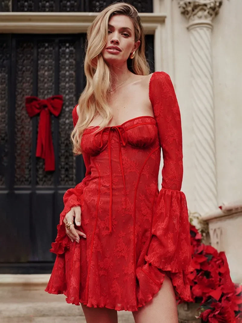 Women Flare Sleeve High Waist A-line Lace Dress Luxury Sexy Square Collar Lace-up Backless Zipper Wedding Party Red Dresses 2024