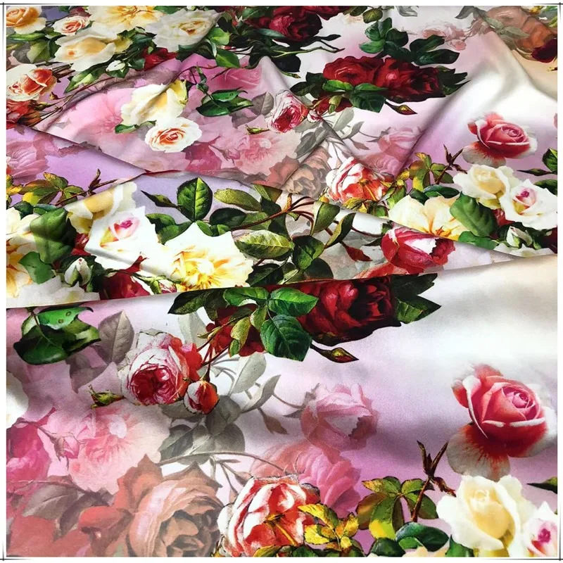 New Rose Spray Printing 19 Mm Elastic High Quality Shirt Dress Clothing Natural Silk Fabric for Sewing In Metro Free Shipping