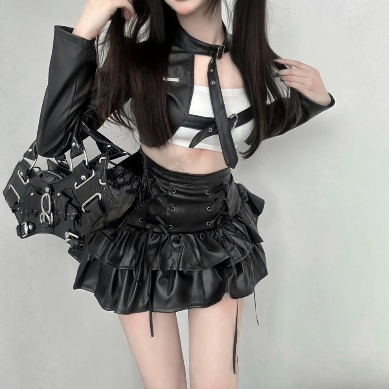 Winter Black PU Leather Three Piece Set Vintage Cake Skirt Suit 2024 Female Casual Korean Fashion Women Patchwork Y2k Lolita Set