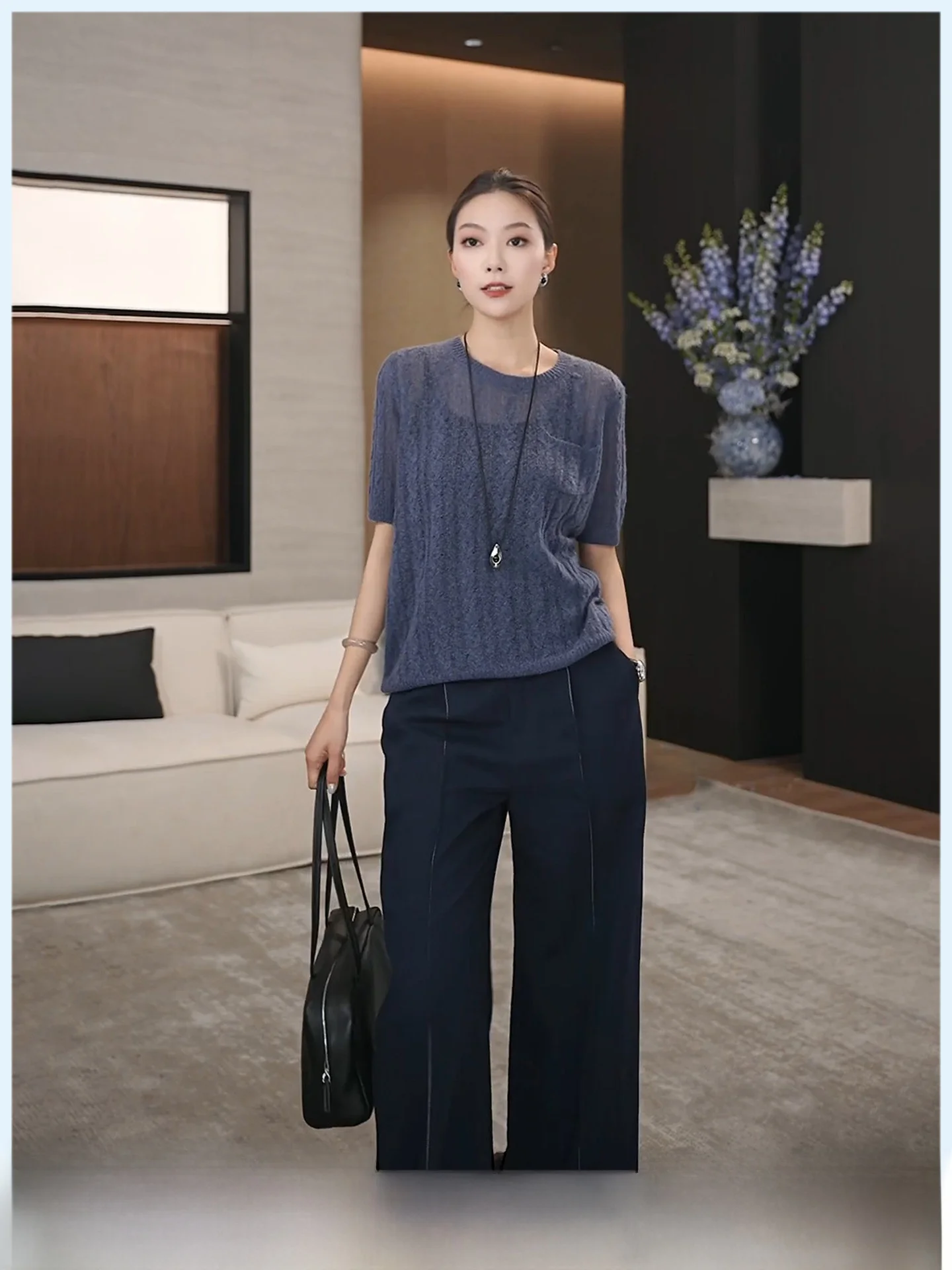 

Ретро-синие брюки прямого кроя с декоративной строчкой, свободные широкие повседневные брюки для женщин, весна 2026, удобные дышащие повседневные брюки