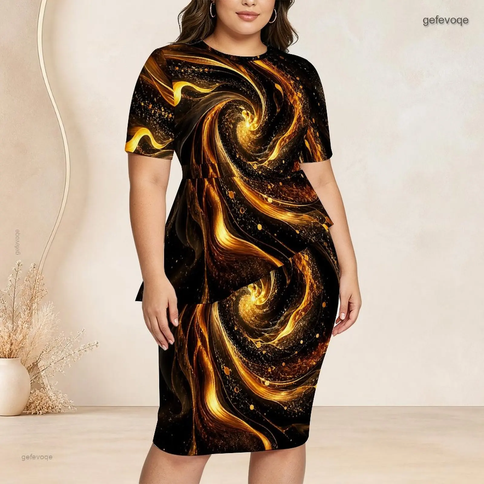Women Round Neck Short Sleeve Asymmetric Top Fitted Skirt Two Piece Printed Skirt Set