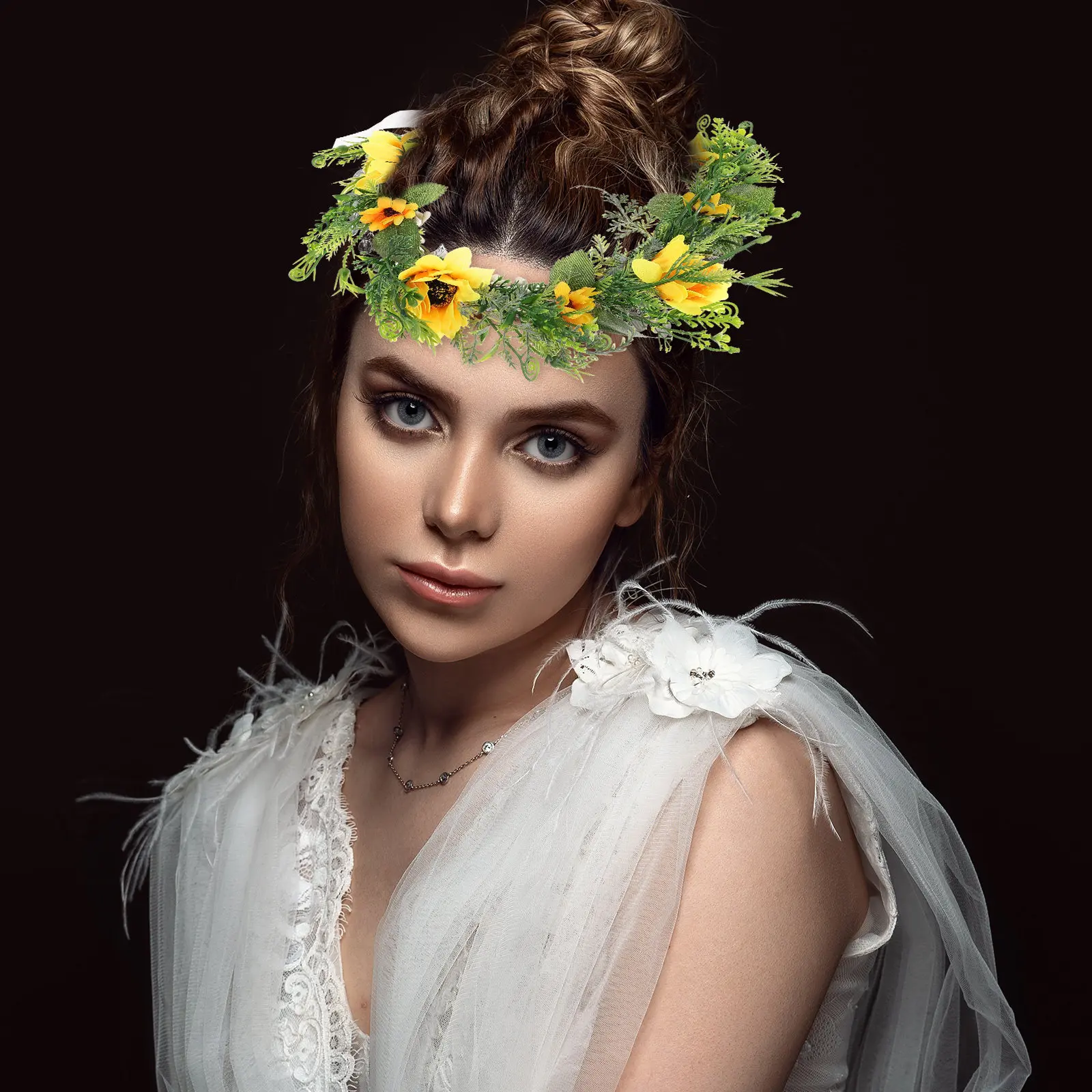 

Sunflower Hair Wreath Adjustable Ribbon Fit Most Women Girls Lifelike Realistic Design Wedding Bridal Headdress Party Festival