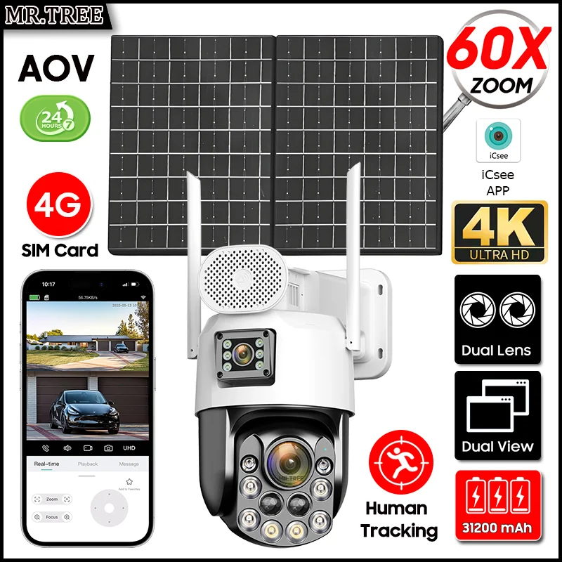 

4K 4G Security Outdoor Solar Camera Home Monitoring 60X Zoom CCTV AOV 24-Hours Record Humanoid Tracking PTZ Surveillance iCsee