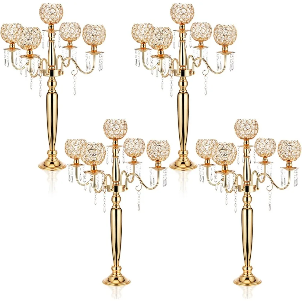 Crystal Candelabra Centerpieces for Tables 29.5 Inch 4 Pcs Gold Candle Holders for Table Centerpiece Tall Crystal Candle Holders