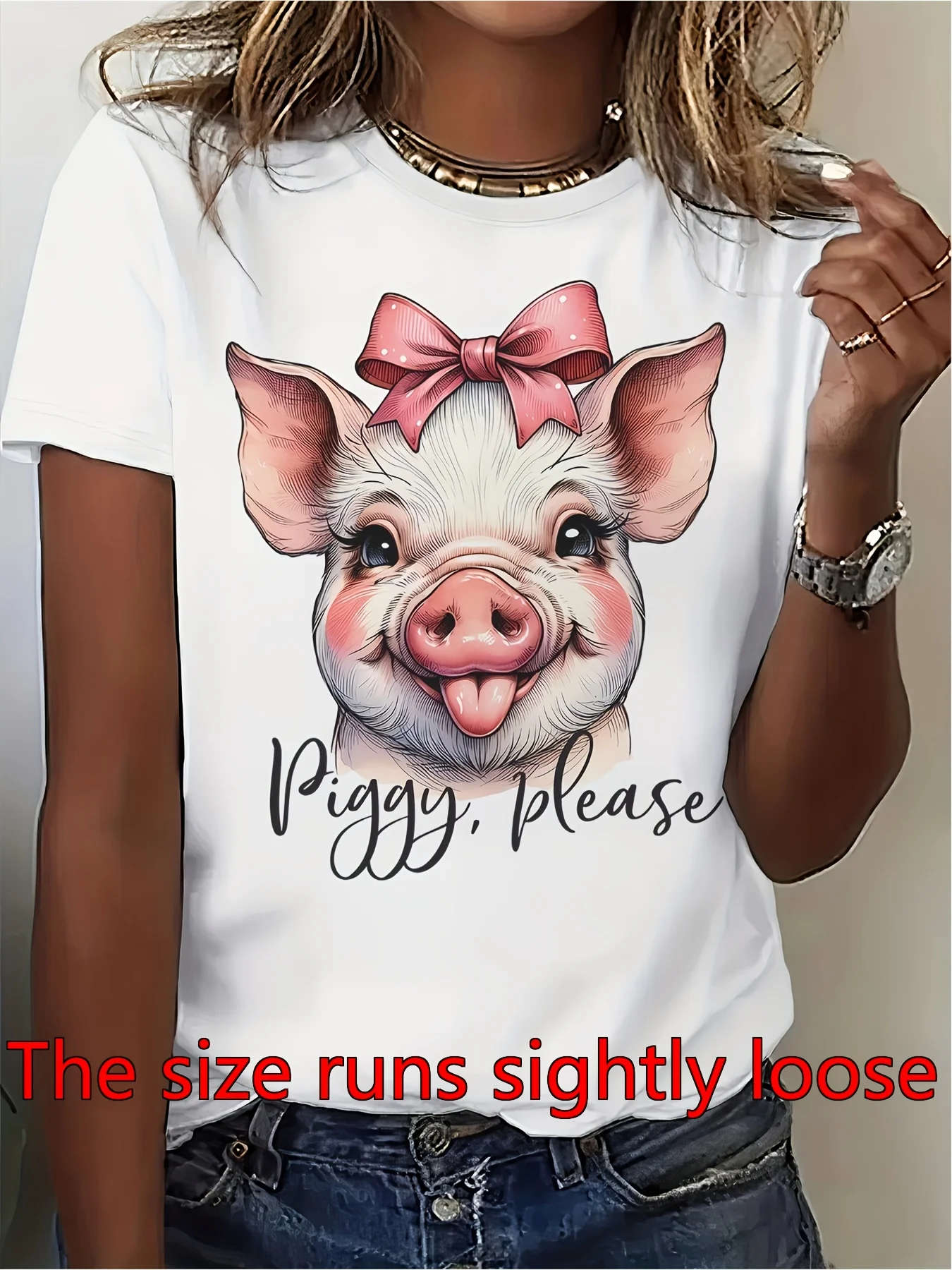 Women'S Casual Short Sleeve Crew Neck T-Shirt | Cute Pig with Pink Bow & Piggy Please Print, Breathable Regular Fit Tee for Spring Summer Fall, Machine Washable Daily Wear & Gift Idea, Seasonal