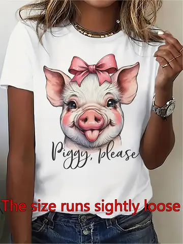 Women'S Casual Short Sleeve Crew Neck T-Shirt | Cute Pig with Pink Bow & Piggy Please Print, Breathable Regular Fit Tee for Spring Summer Fall, Machine Washable Daily Wear & Gift Idea, Seasonal