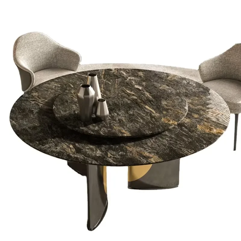 #Marble Top Round Dining Table High-end Villa Dining Room Furniture Stainless Steel Base Optional Turntable