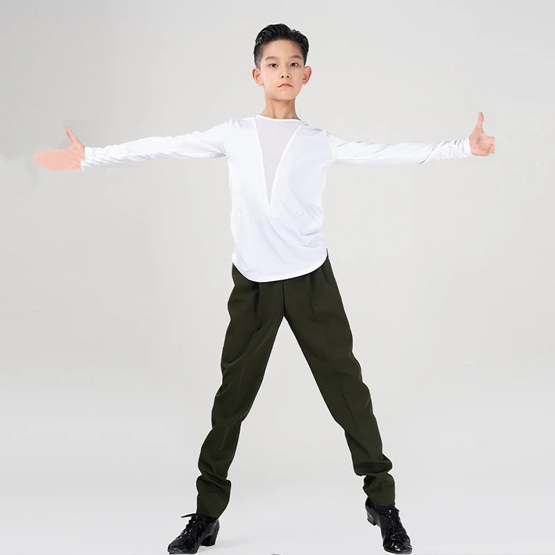 2024 New Latin Dance Performance Costumes Boys V-Neck Mesh Tops Black Pants Suit Kid\'s Rumba Tango Dance Training Clothing XH948