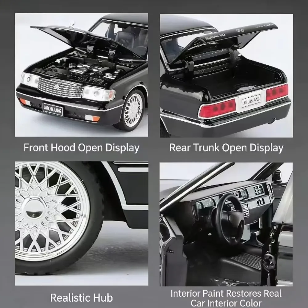 Voiture jouet moulée sous pression en alliage Crown Sedan 1:32, avec son et lumière, fonction de traction, portes ouvrantes, modèle réaliste pour enfants